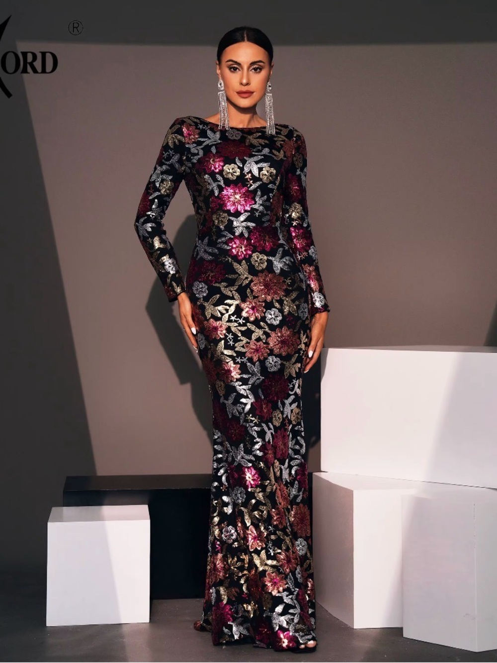 Oxford Black Floral Sequin Long Sleeve Evening Gown
